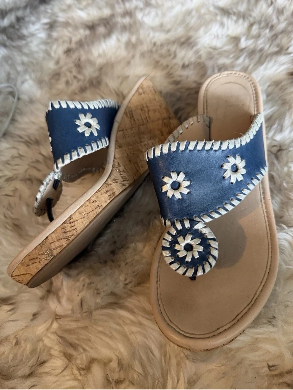 Jack Rogers Navy Blue & silver leather Wedge cork thing slip on hampton Sandals